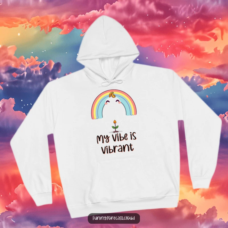 Funny hoodie with a bright rainbow character creating a protective arch over a small, wide-eyed sprout, embodying hope and surprise.