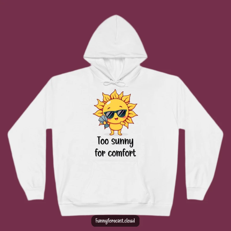 Stay comfortably cool and chic with this funny hoodie featuring a sun character fanning itself. Perfect for breezy evenings or sunny days.