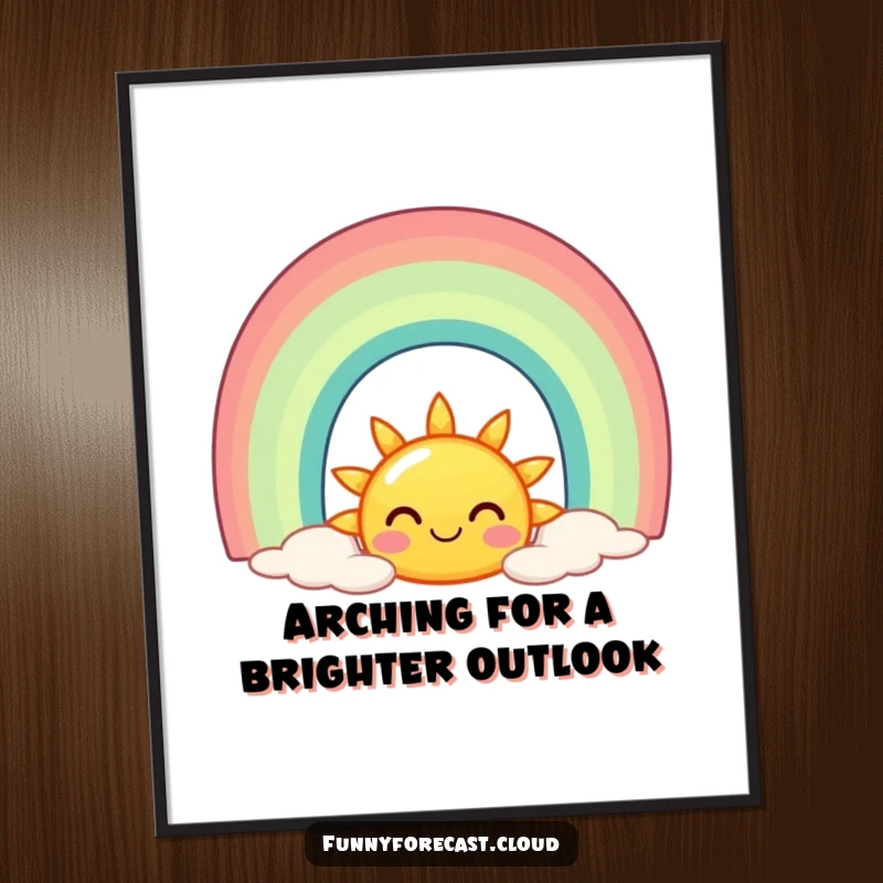 Funny Free Printable Wall Art depicting a nodding sun arching over a joyful rainbow, bringing sunshine and happiness.