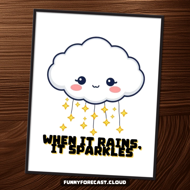 Funny Free Printable Wall Art: A whimsical cloud character pouring tiny, glittering stars instead of rain, magical art.