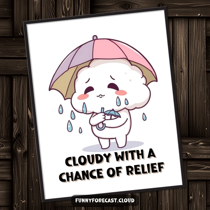 Funny Free Printable Wall Art: A cute cloud character sweating profusely while holding a tiny umbrella, funny decor.