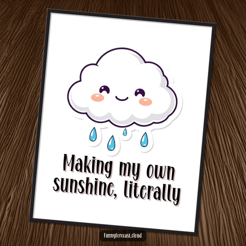Funny Free Printable Wall Art: Small, fluffy kawaii cloud shedding happy tears of rain, creating a charming and whimsical atmosphere.