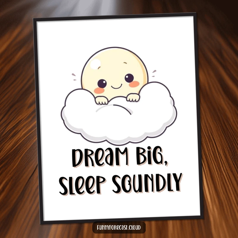 Funny Free Printable Wall Art: A smiling moon character peeking from behind a fluffy cloud, adding gentle humor to your walls.