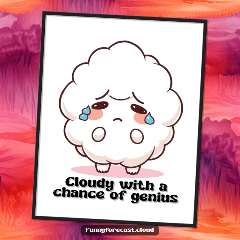 Funny Free Printable Wall Art: A cute cloud character sweats heavily, looking confused and flustered.
