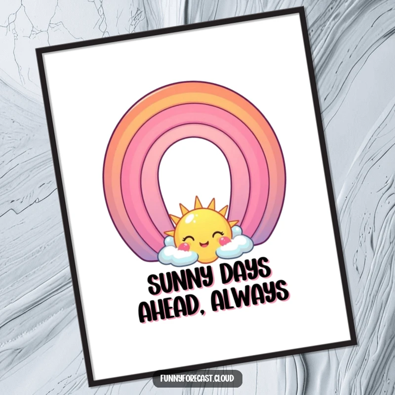 Funny Free Printable Wall Art: A humorous illustration of a vibrant rainbow character arching over a big, smiling sun.