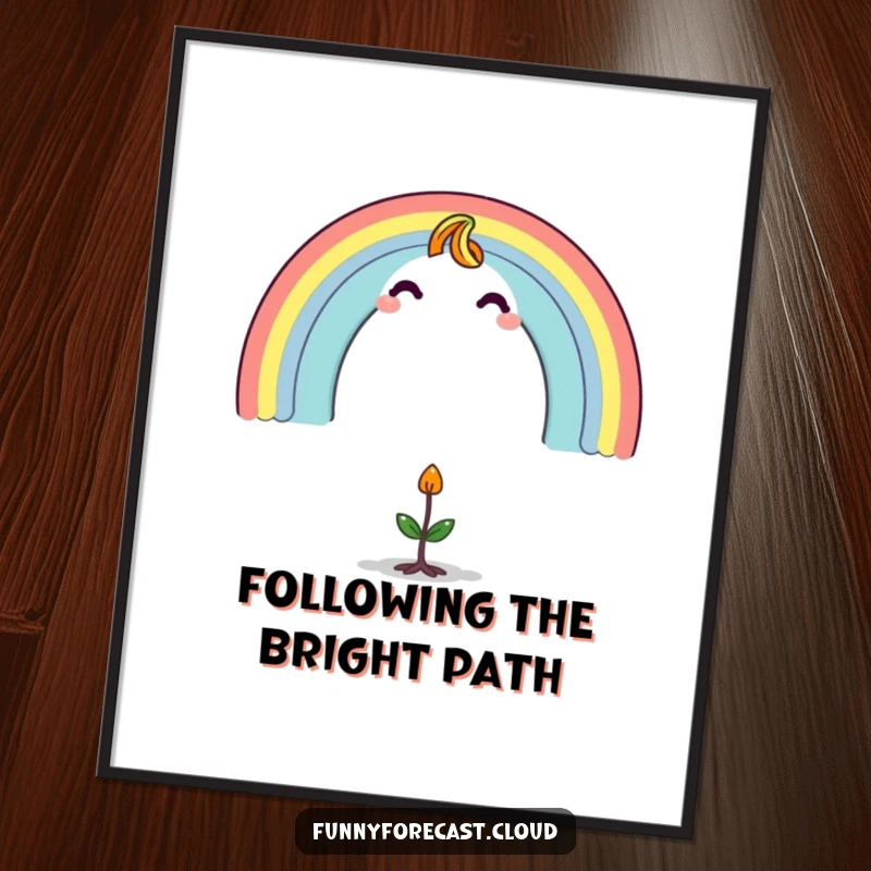 Funny Free Printable Wall Art featuring a cheerful rainbow character arching protectively over a small, surprised sprout, symbolizing hope and new beginnings.