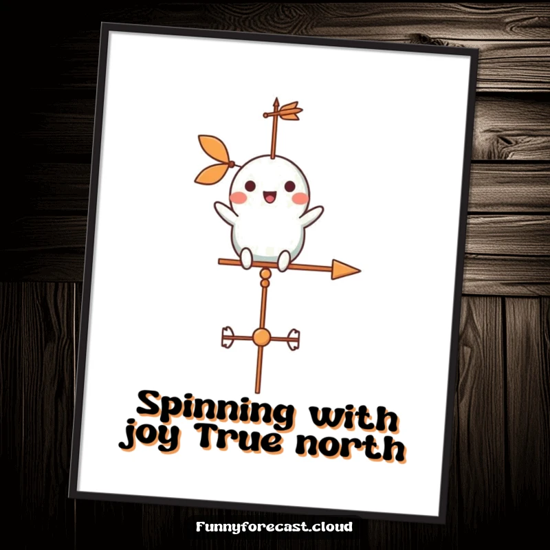 Funny Free Printable Wall Art: A cute weather vane character joyfully spinning its arrow in a gentle, colorful breeze.