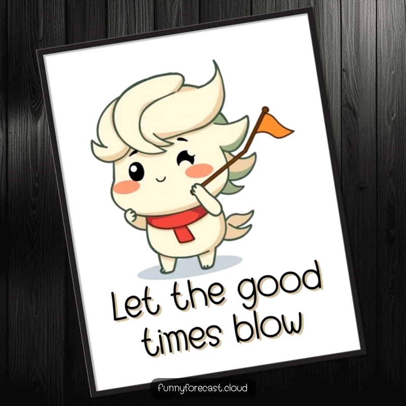Funny Free Printable Wall Art featuring a wind character with puffed cheeks merrily blowing a tiny flag, adding a touch of playful movement.