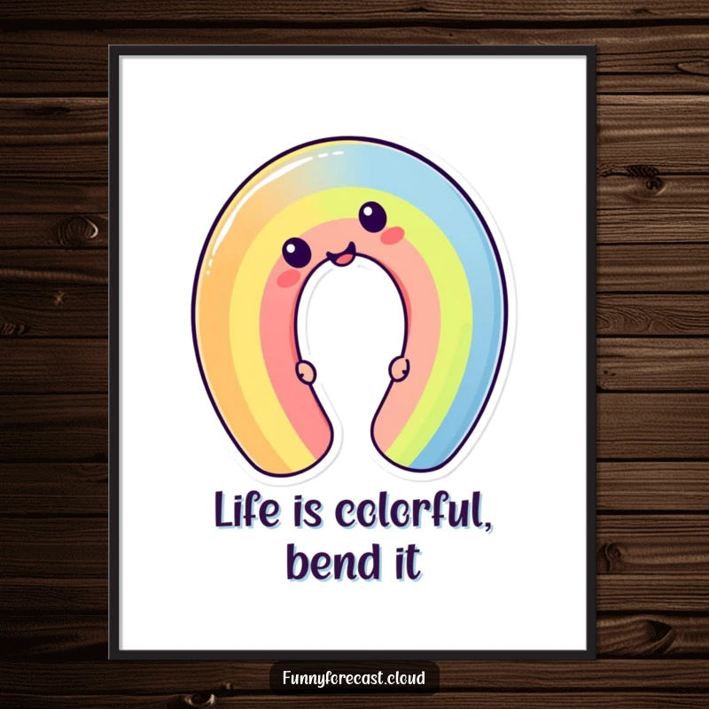 Funny Free Printable Wall Art showing a cheerful kawaii rainbow character contorting itself into a delightful and silly shape, radiating fun.