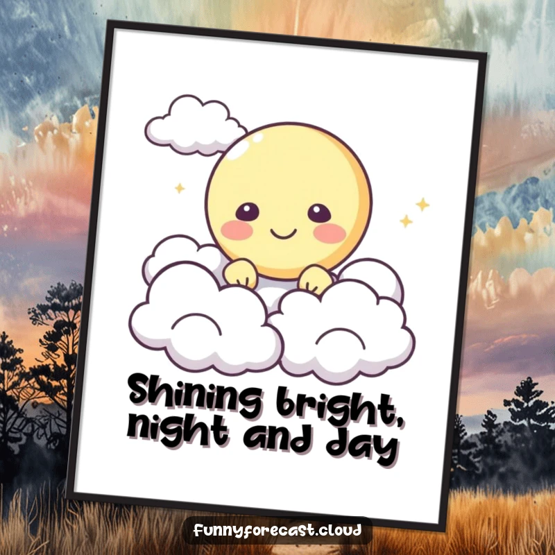 Funny Free Printable Wall Art of a cheerful moon character peeking from behind soft, fluffy clouds, creating a whimsical scene.