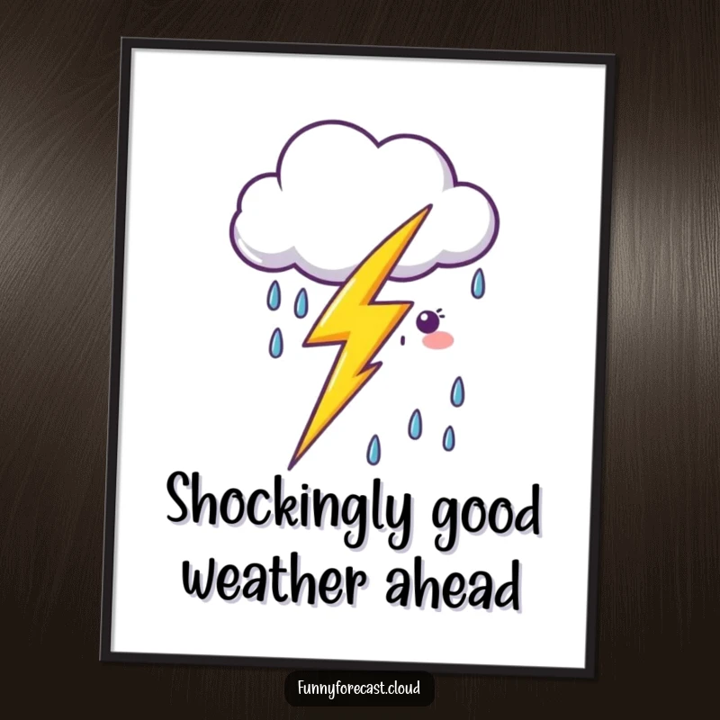 Funny Free Printable Wall Art: a kawaii lightning bolt playfully zapping near a smiling cartoon rain cloud, bringing electric smiles.