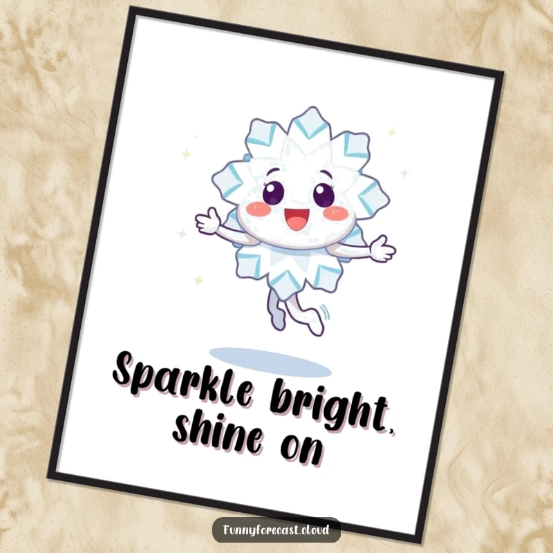 Funny free printable wall art of a happy snowflake character doing a joyful twirl and leaving a trail of sparkles, adding whimsical decor.