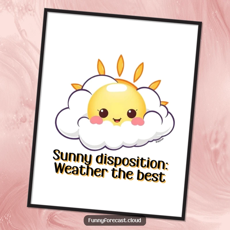 Funny Free Printable Wall Art: A charming kawaii sun peeking from behind a swirling, giggling wind cloud, creating a happy atmosphere.