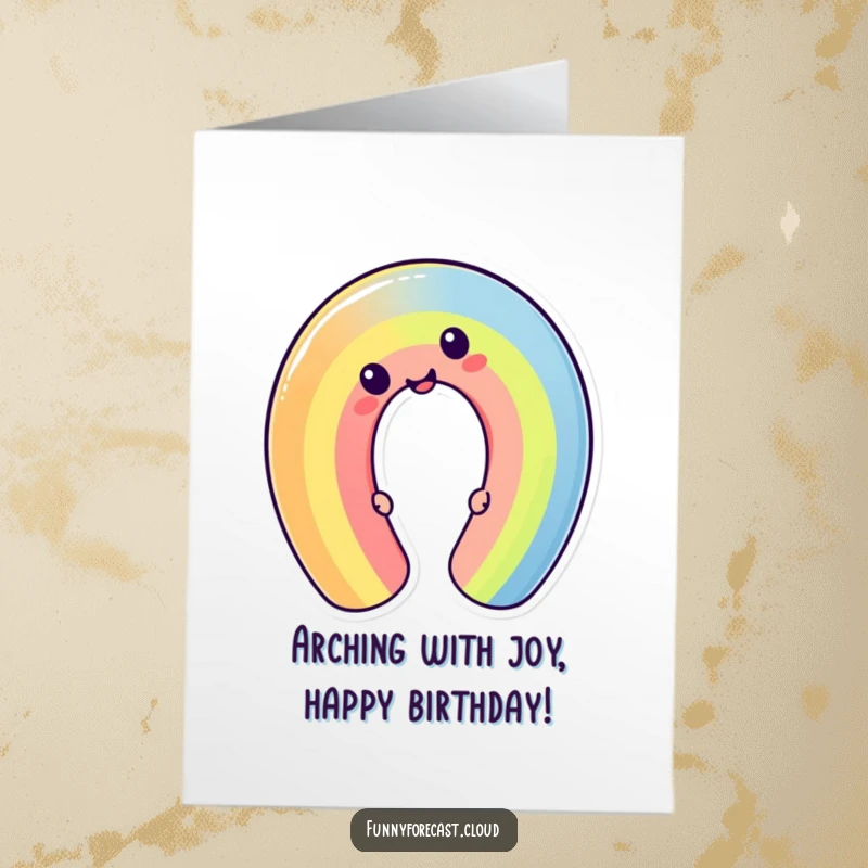 Funny Free Printable Birthday Card showing a cheerful kawaii rainbow character contorting into a hilarious and silly shape for a birthday wish.