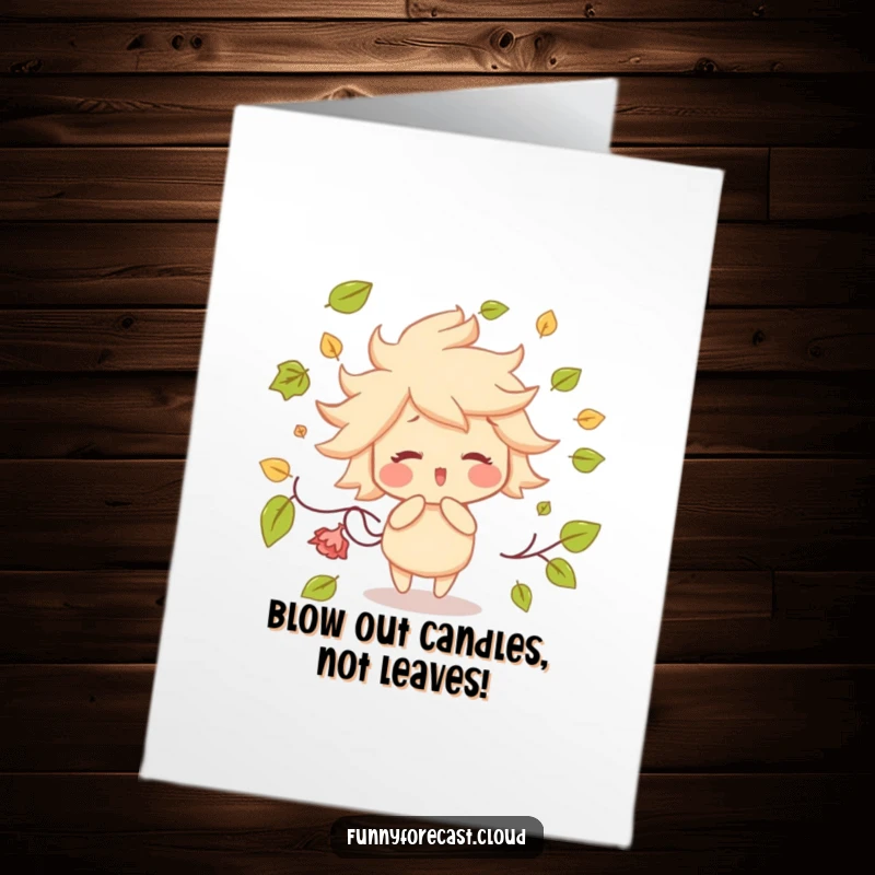 Funny Free Printable Birthday Card featuring a wind character with rosy cheeks playfully blowing colorful leaves in a cheerful, windy scene.