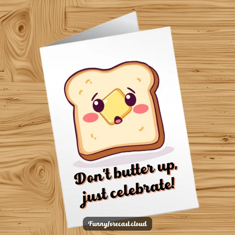 Funny Free Printable Birthday Card: A sentient toast piece looks shocked as butter elegantly slides off its surface.