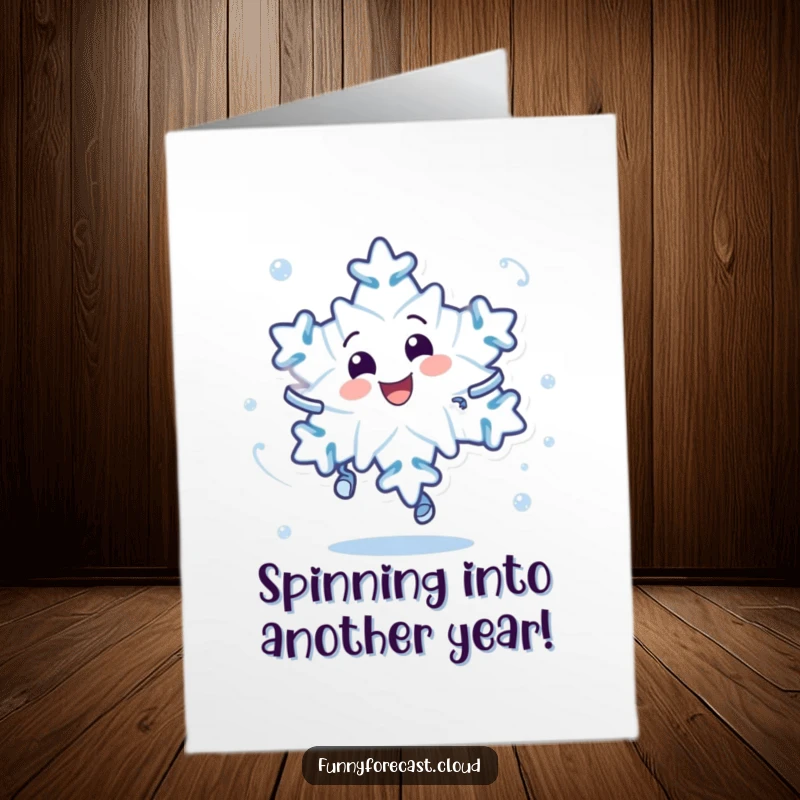 Funny Free Printable Birthday Card featuring a delighted snowflake character in a dizzying spin, perfect for a fun downloadable gift.