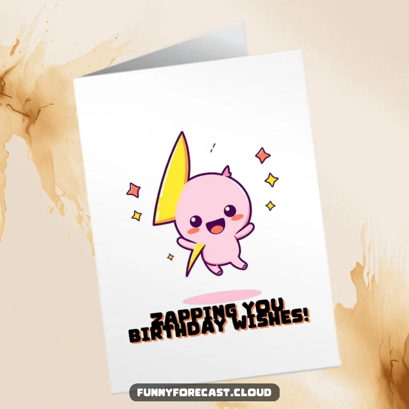 Funny Free Printable Birthday Card: Kawaii lightning bolt zig-zagging energetically with pure, uncontainable birthday excitement, ready to party.