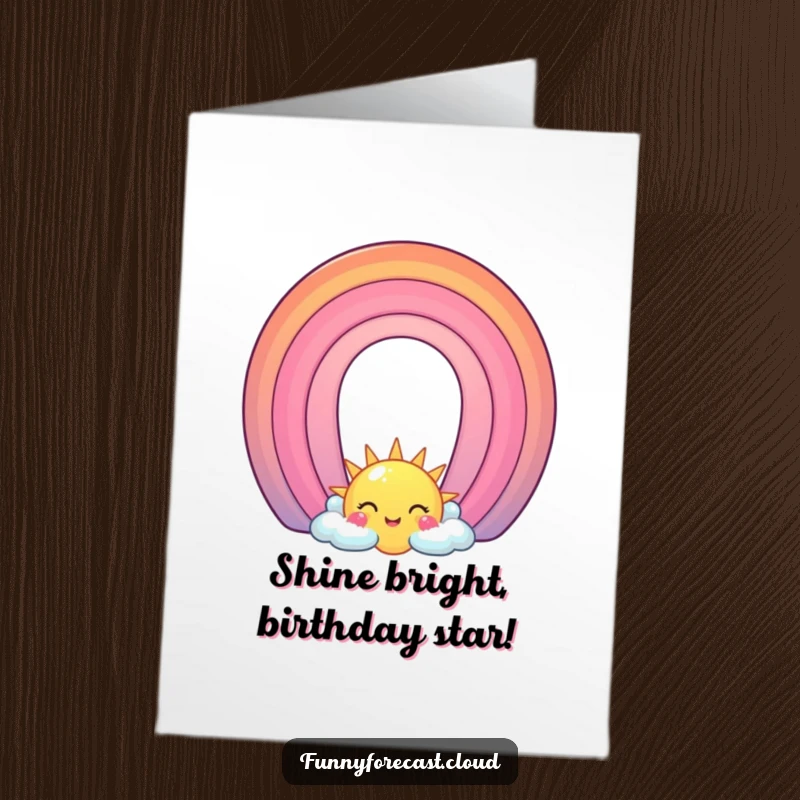 Funny Free Printable Birthday Card featuring a joyful rainbow character arching over a beaming, smiling sun illustration.