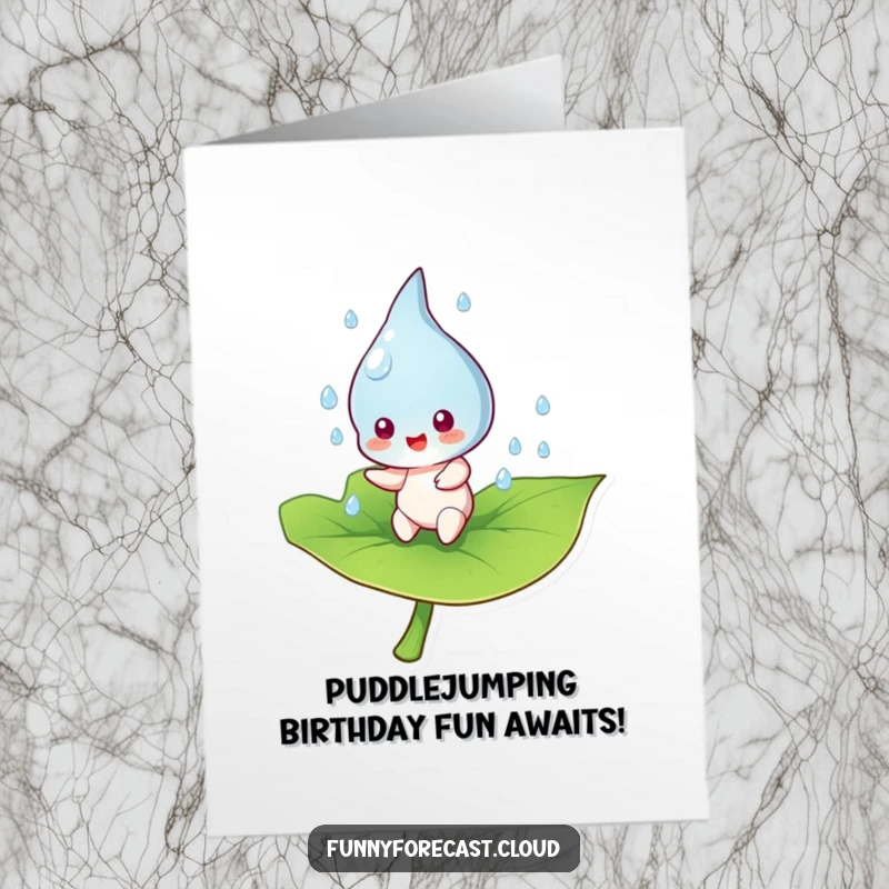Funny Free Printable Birthday Card: A cheerful raindrop character gleefully bouncing on a vibrant green leaf, ready to celebrate.