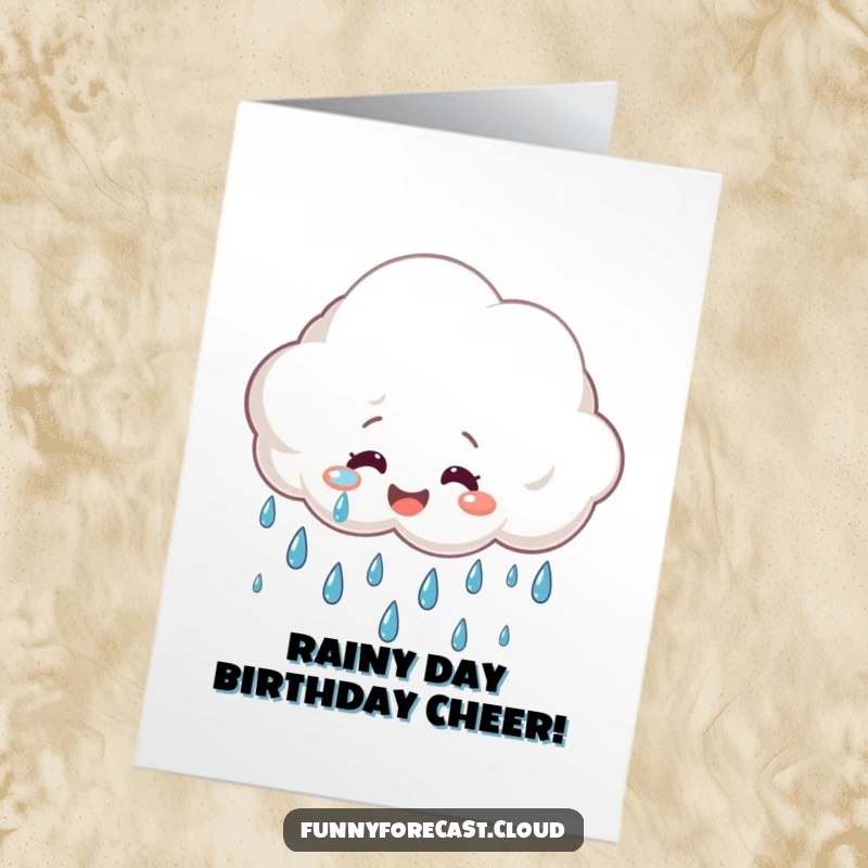 Funny Free Printable Birthday Card: A rain cloud character smiling and crying big, cheerful raindrops for a birthday.