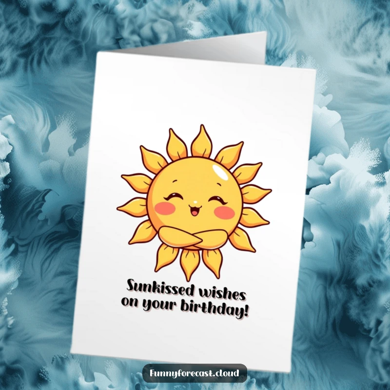 Funny Free Printable Birthday Card: A cheerful sun character giving a warm hug with bright, happy rays.