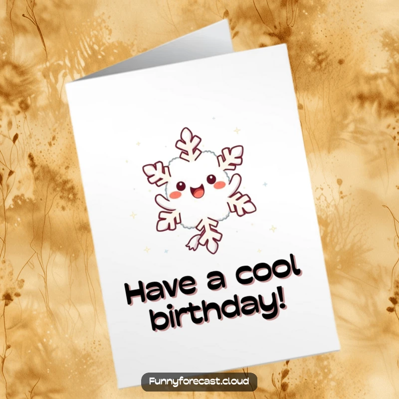 Funny Free Printable Birthday Card: Cute kawaii snowflake character twirling with delight as it gracefully falls from the sky.