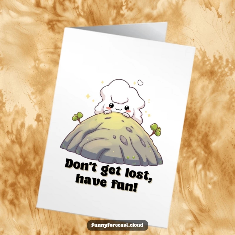 Funny Free Printable Birthday Card: A mischievous fog creature peeks from behind a hill, adding a whimsical and humorous birthday surprise.