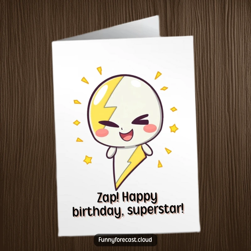Funny Free Printable Birthday Card: A mischievous lightning bolt character winking with crackling energy, celebrating birthday.