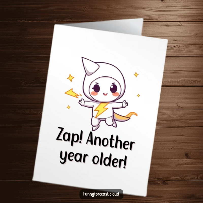 Funny Free Printable Birthday Card: A playful lightning bolt character zipping across with a streak of energy and a smile.