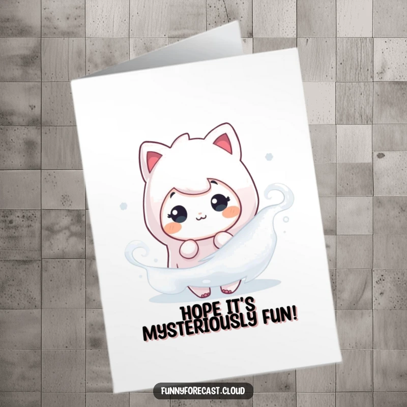 Funny Free Printable Birthday Card: A fog character playfully peeking from behind a misty swirl, offering sneaky birthday greetings.