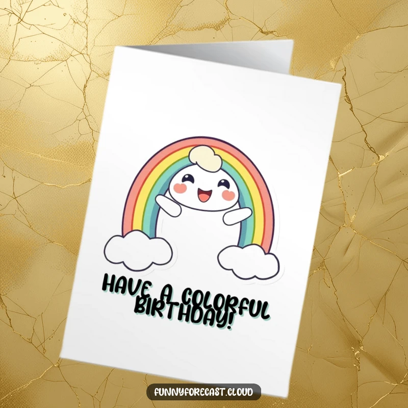 Funny Free Printable Birthday Card: A cheerful rainbow character smiling brightly, arching across the sky to deliver birthday wishes.