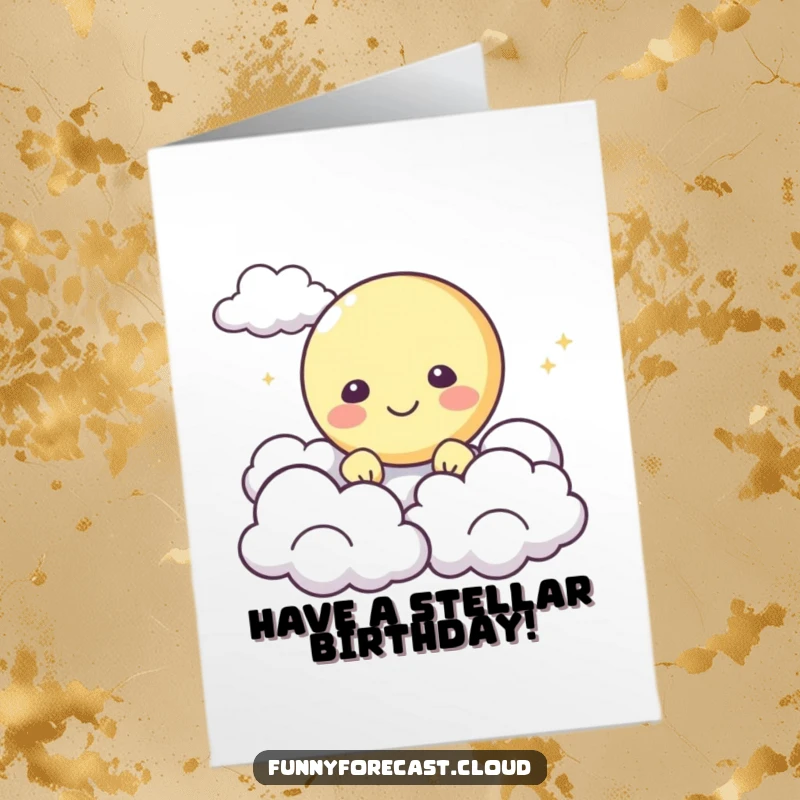 Funny Free Printable Birthday Card featuring a happy moon character peeking playfully from behind soft, fluffy clouds for a birthday wish.