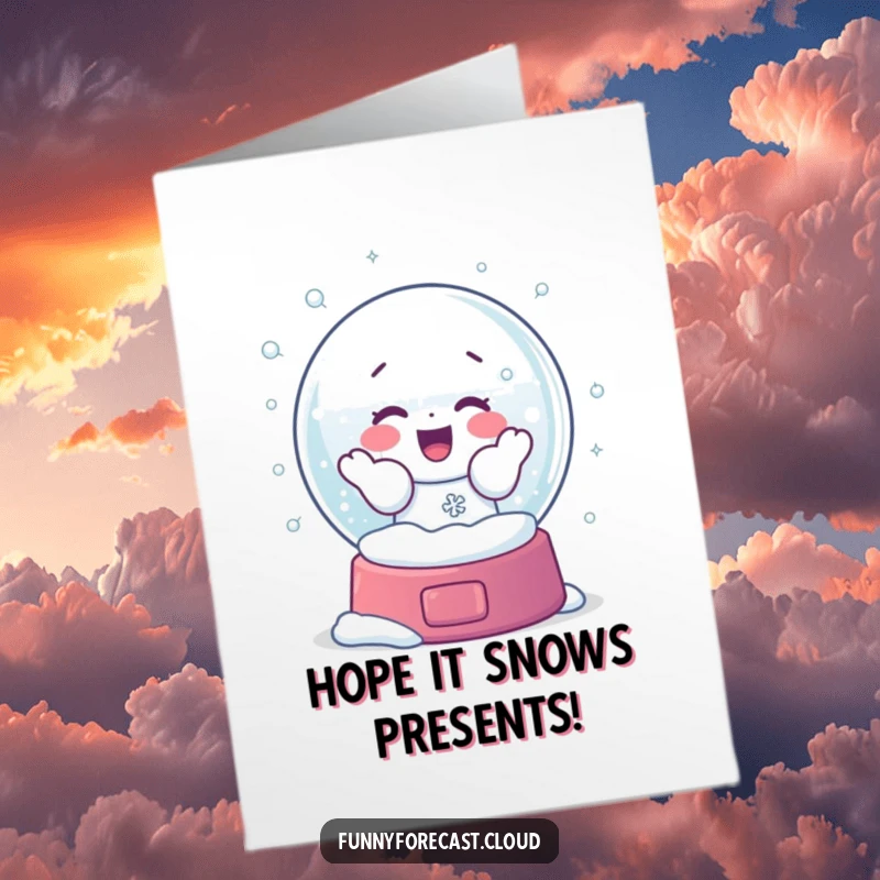 Funny Free Printable Birthday Card: A snow globe character gleefully shaking itself, sending iridescent snowflakes flying, capturing the essence of winter celebration.