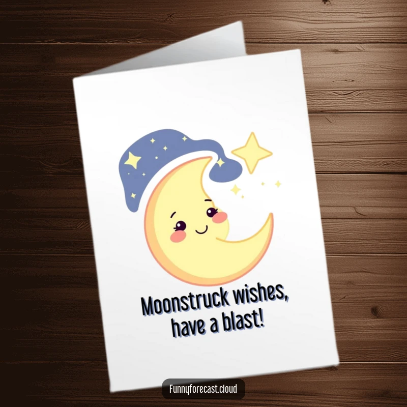 Funny Free Printable Birthday Card: A cheerful crescent moon winks playfully at the starry night sky, ready for your message.