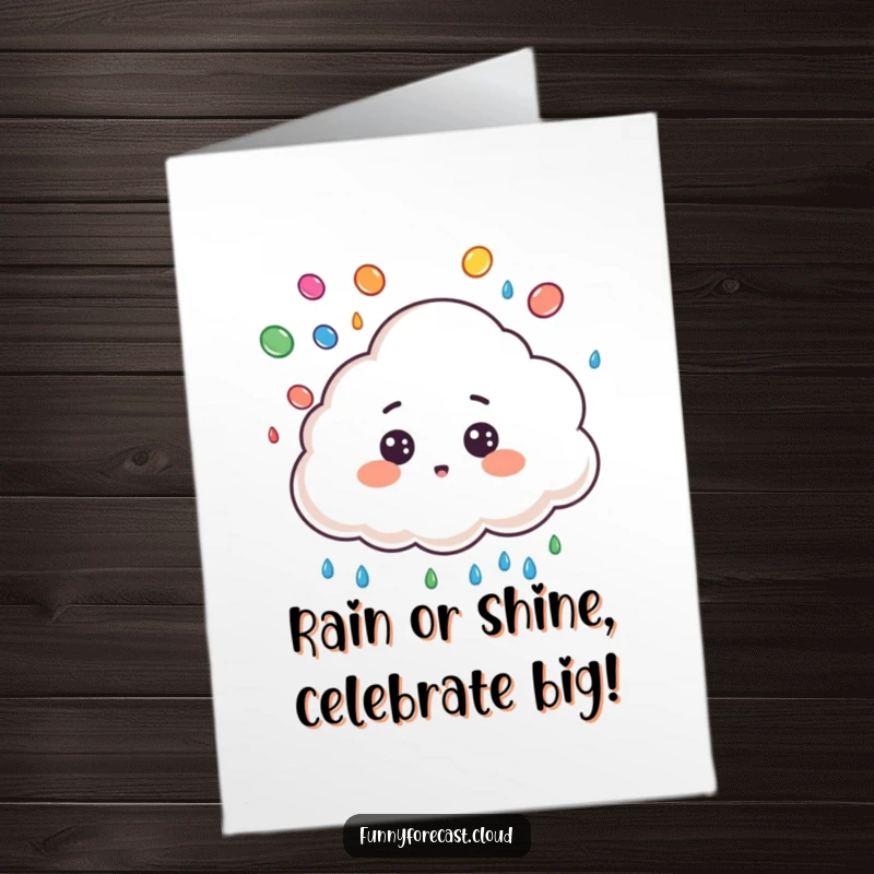 Funny Free Printable Birthday Card: Cute cloud character with surprised eyes juggles colorful raindrops, weather fun.