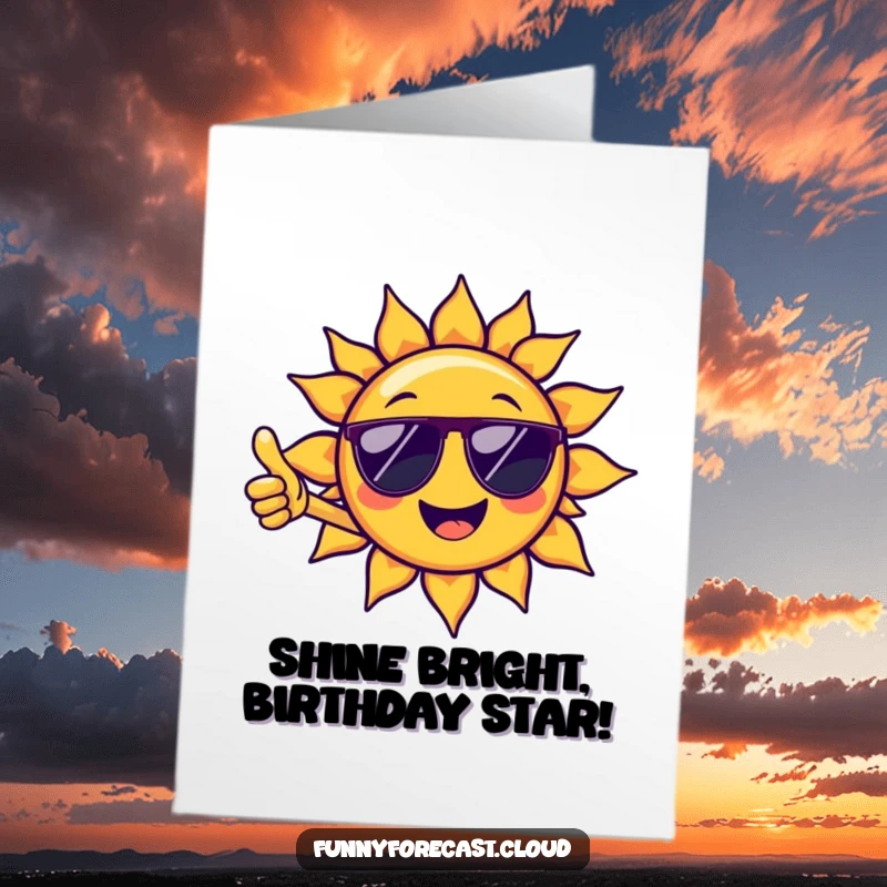 Funny Free Printable Birthday Card featuring a cool sun character wearing sunglasses and giving a cheerful thumbs-up, perfect for a sunny celebration.
