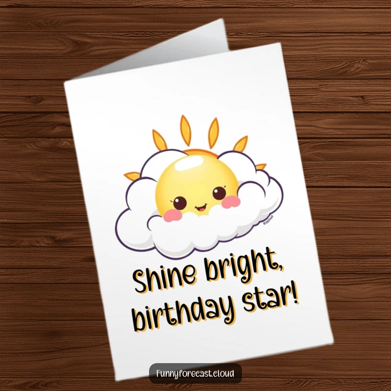 Funny Free Printable Birthday Card: Adorable kawaii sun peeking from behind a swirling, giggling wind cloud, radiating warmth.