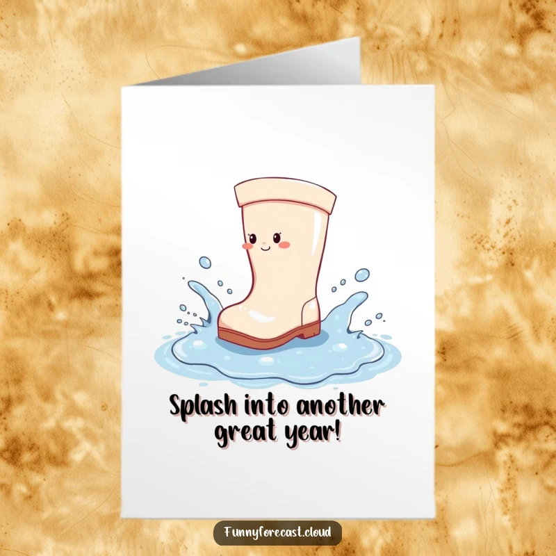 Funny Free Printable Birthday Card: A cheerful rain boot joyfully splashing a huge puddle, sending water droplets flying.