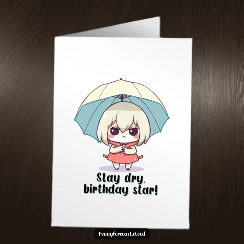 Funny Free Printable Birthday Card of a character with an umbrella, looking surprisingly dry and smug.