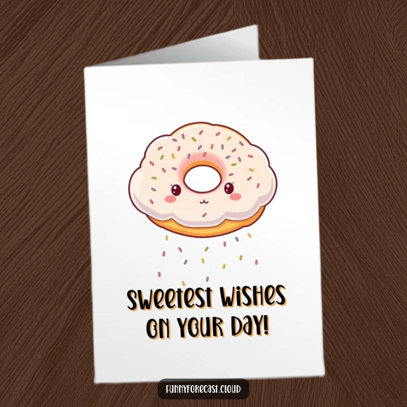Funny Free Printable Birthday Card: A fluffy donut-shaped cloud raining down colorful sprinkles for a sweet celebration.