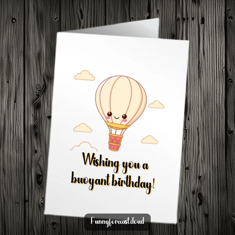 Funny Free Printable Birthday Card: Adorable kawaii hot air balloon character soaring joyfully through a vibrant, sunny sky.