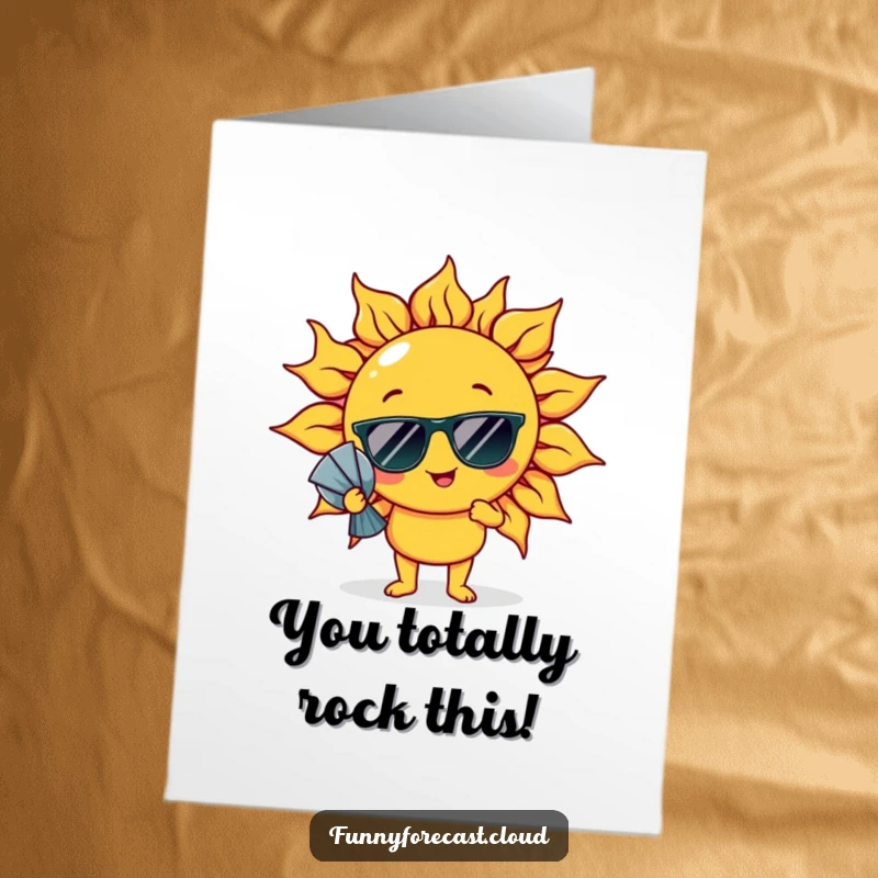 Funny Free Printable Congratulations Card: A sun character in sunglasses comically fanning itself, showing celebration.