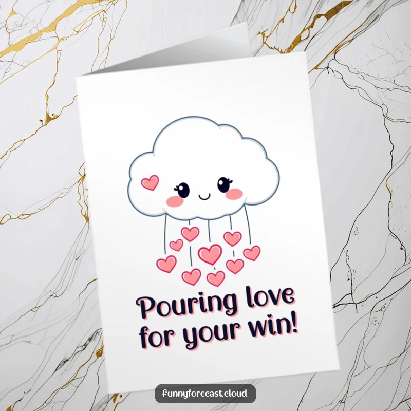 Funny Free Printable Congrats Card: A joyful raincloud character showering the world with love-shaped raindrops.