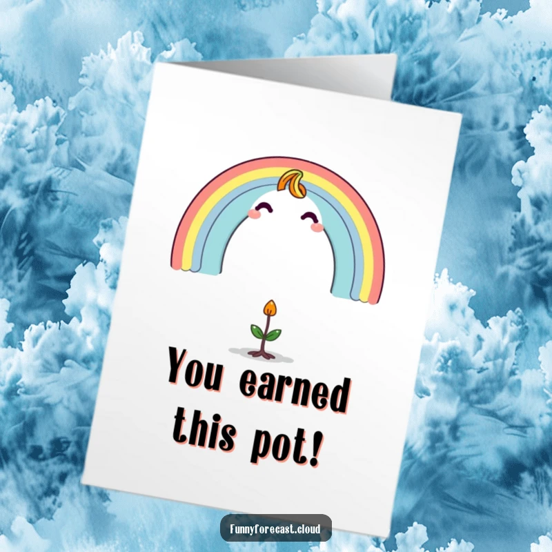 Funny Free Printable Congratulations Card: A majestic rainbow character gracefully arching over a small, looking-up sprout, signifying new growth and success.