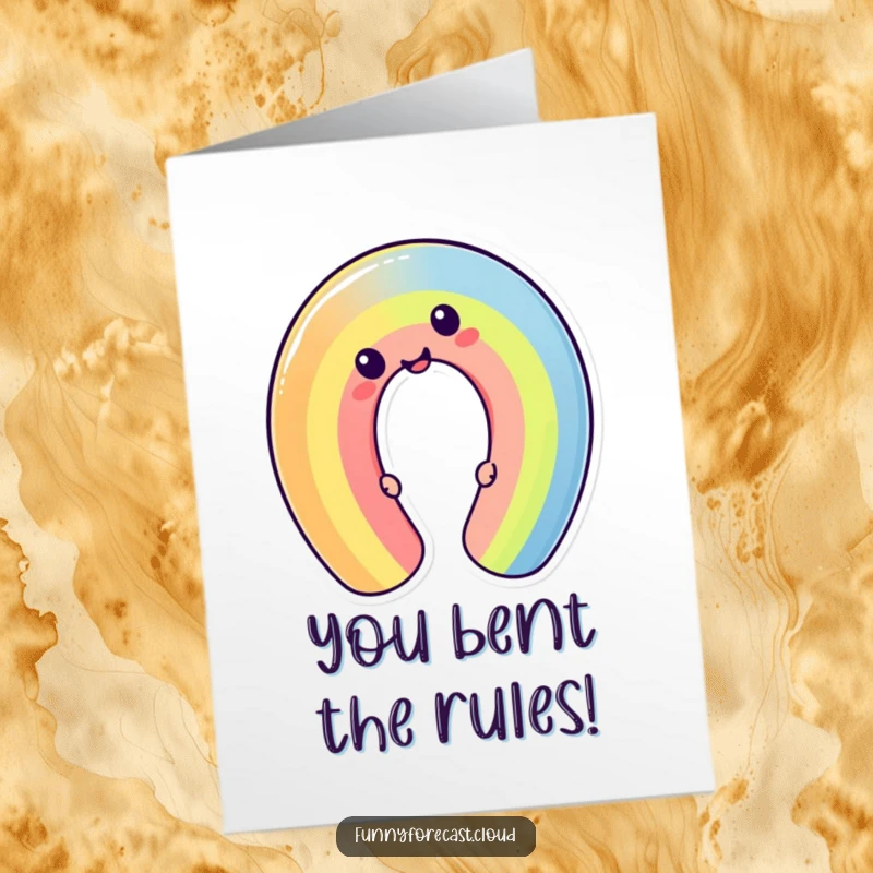 Funny Free Printable Congratulations Card featuring a cheerful kawaii rainbow character bending into a wacky shape to celebrate success.
