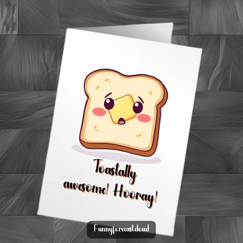 Funny Free Printable Congratulations Card: A surprised piece of toast experiences a butter slide, humorously marking an achievement.
