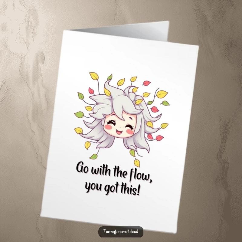 Funny free printable congratulations card with a smiling wind character and swirling colorful leaves, ideal for celebrating success.