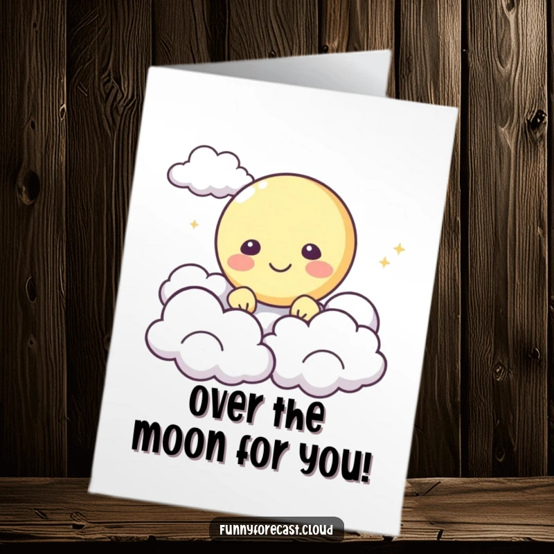 Funny Free Printable Congrats Card with a happy moon character peeking from behind clouds, celebrating a stellar achievement with joy.