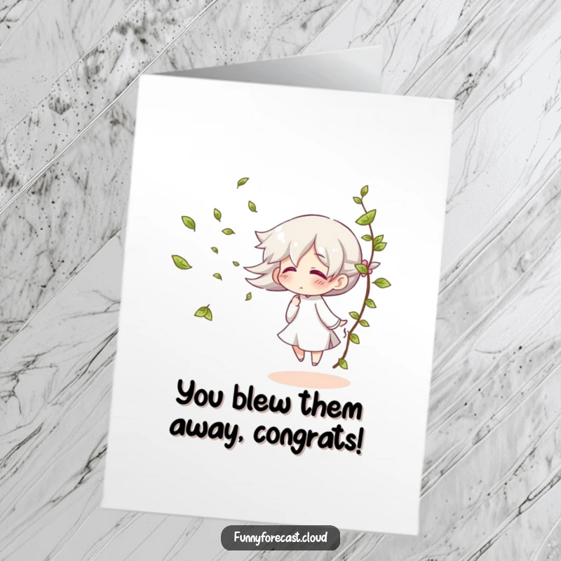 Funny Free Printable Congrats Card: A giggling gust of wind character playfully scattering leaves in celebration.
